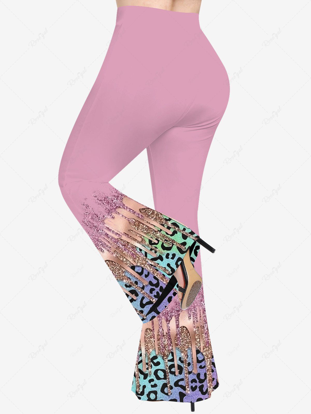 Fashion Plus Size Leopard Paint Drop Blobs Sparkling Sequin Glitter 3D Print Flare Pants  