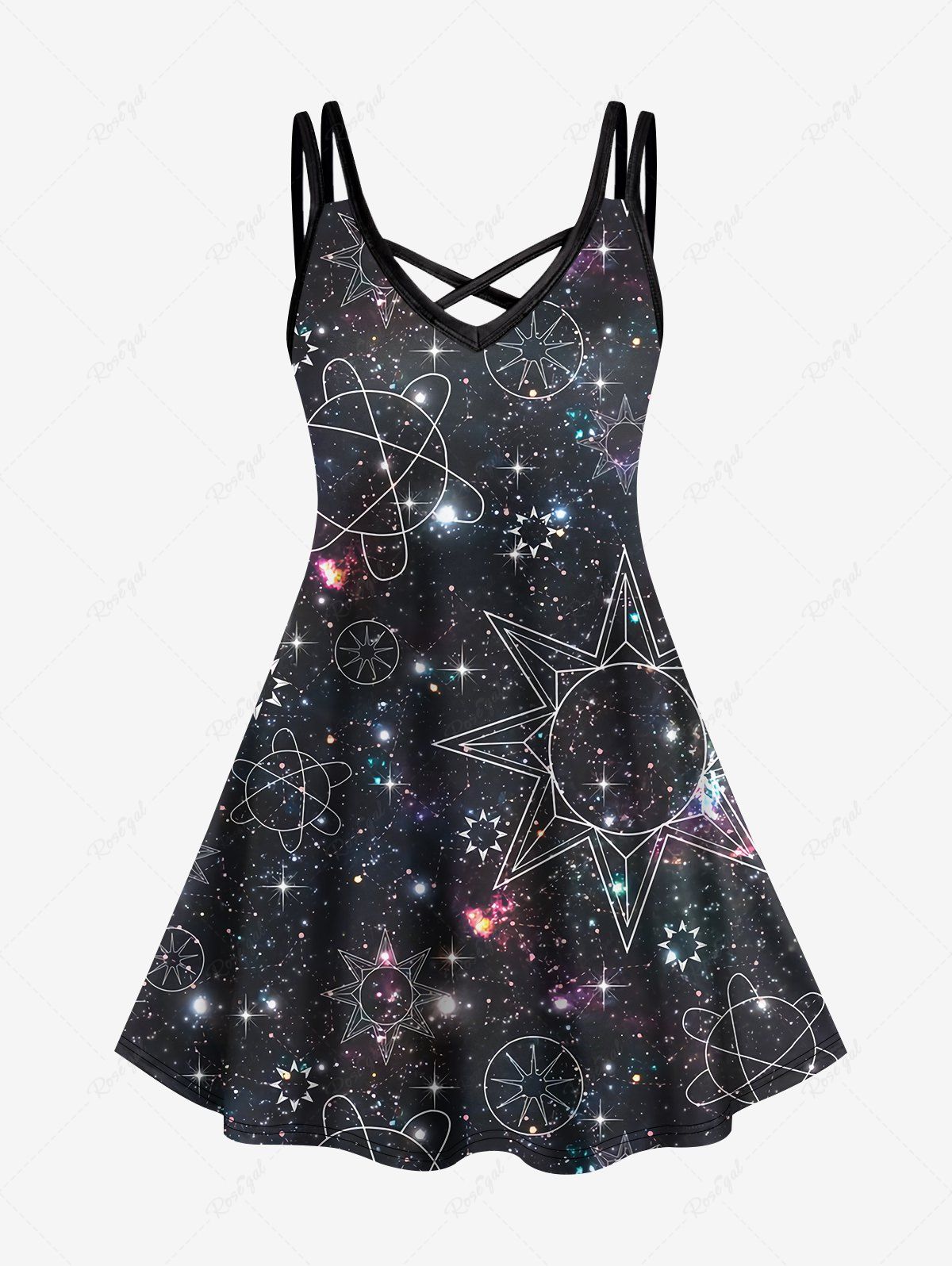 Best Plus Size Glitter Sun Moon Planet Galaxy Print Crisscross A Line Cami Dress  