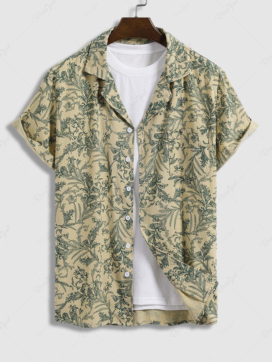 Outfits Men's Plant Print Floral Front Pocket Camp Collar Button Up Short Sleeves Shirt  
