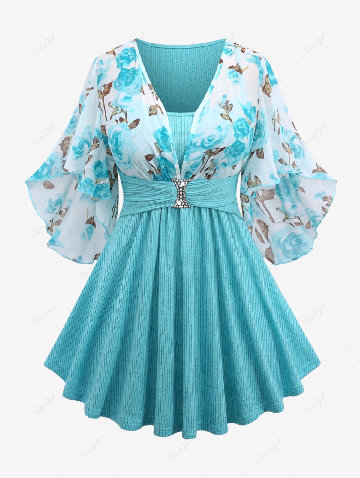 Hot Plus Size Rose Flower Print Mesh Ruffles Crystal Buckle Ribbed Textured Flare Sleeve 2 In 1 Top  