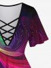 Plus Size Galaxy Rainbow Color Swirls Glitter Print Lattice Crisscross Flare Sleeve T-shirt -  
