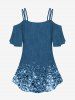 Plus Size Cold Shoulder 3D Glitter Sparkling Sequins Buttons Pearl Pocket Denim Print Ombre T-shirt -  