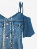 Plus Size Cold Shoulder 3D Glitter Sparkling Sequins Buttons Pearl Pocket Denim Print Ombre T-shirt -  
