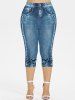 Plus Size 3D Glitter Sparkling Sequins Pearl Button Pocket Ombre Denim Print Skinny Capri Leggings -  