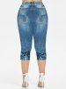Plus Size 3D Glitter Sparkling Sequins Pearl Button Pocket Ombre Denim Print Skinny Capri Leggings -  