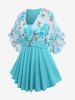 Plus Size Rose Flower Print Mesh Ruffles Crystal Buckle Ribbed Textured Flare Sleeve 2 In 1 Top -  
