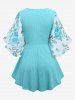Plus Size Rose Flower Print Mesh Ruffles Crystal Buckle Ribbed Textured Flare Sleeve 2 In 1 Top -  