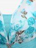 Plus Size Rose Flower Print Mesh Ruffles Crystal Buckle Ribbed Textured Flare Sleeve 2 In 1 Top -  