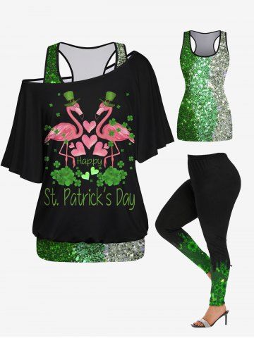 Glitter Sparkling Sequins Printed Racerback Tank Top and Crane Heart Four Leaf Clover Graphic St. Patrick's Day T-shirt Set and Leggings Plus Size Outfit