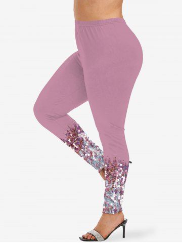 Plus Size 3D Glitter Sparkling Sequins Print Skinny Leggings - LIGHT PINK - XS