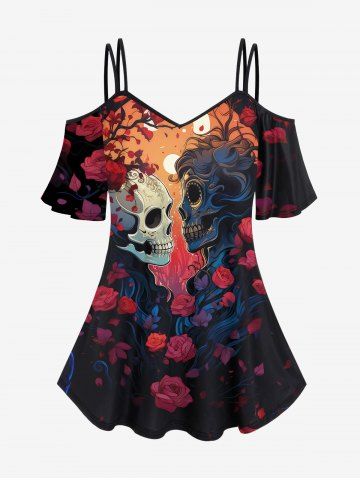 Plus Size Cold Shoulder Skull Lovers Ombre Rose Flower Moon Print Cami T-shirt - BLACK - L