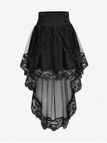 Plus Size Floral Lace Overlay Lace-up Ruched Peplum Hem High Low Asymmetric A Line Skirt - BLACK - 3X | US 22-24