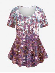 Plus Size 3D Glitter Sparkling Sequins Mesh Print Short Sleeves T-shirt -  