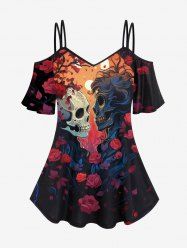 Plus Size Cold Shoulder Skull Lovers Ombre Rose Flower Moon Print Cami T-shirt -  