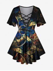 Plus Size Industrial Style Floral Colorblock Sequin 3D Print Lattice Crisscross Flare Sleeve T-shirt -  