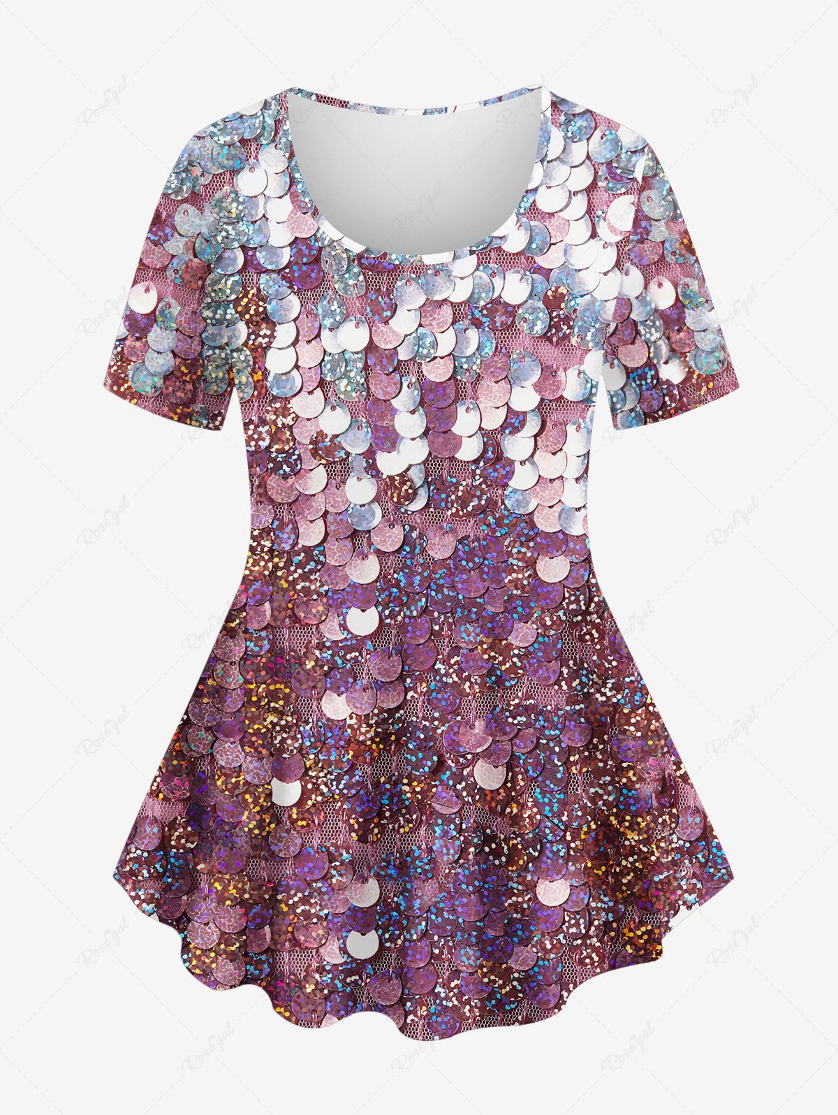 Store Plus Size 3D Glitter Sparkling Sequins Mesh Print Short Sleeves T-shirt  