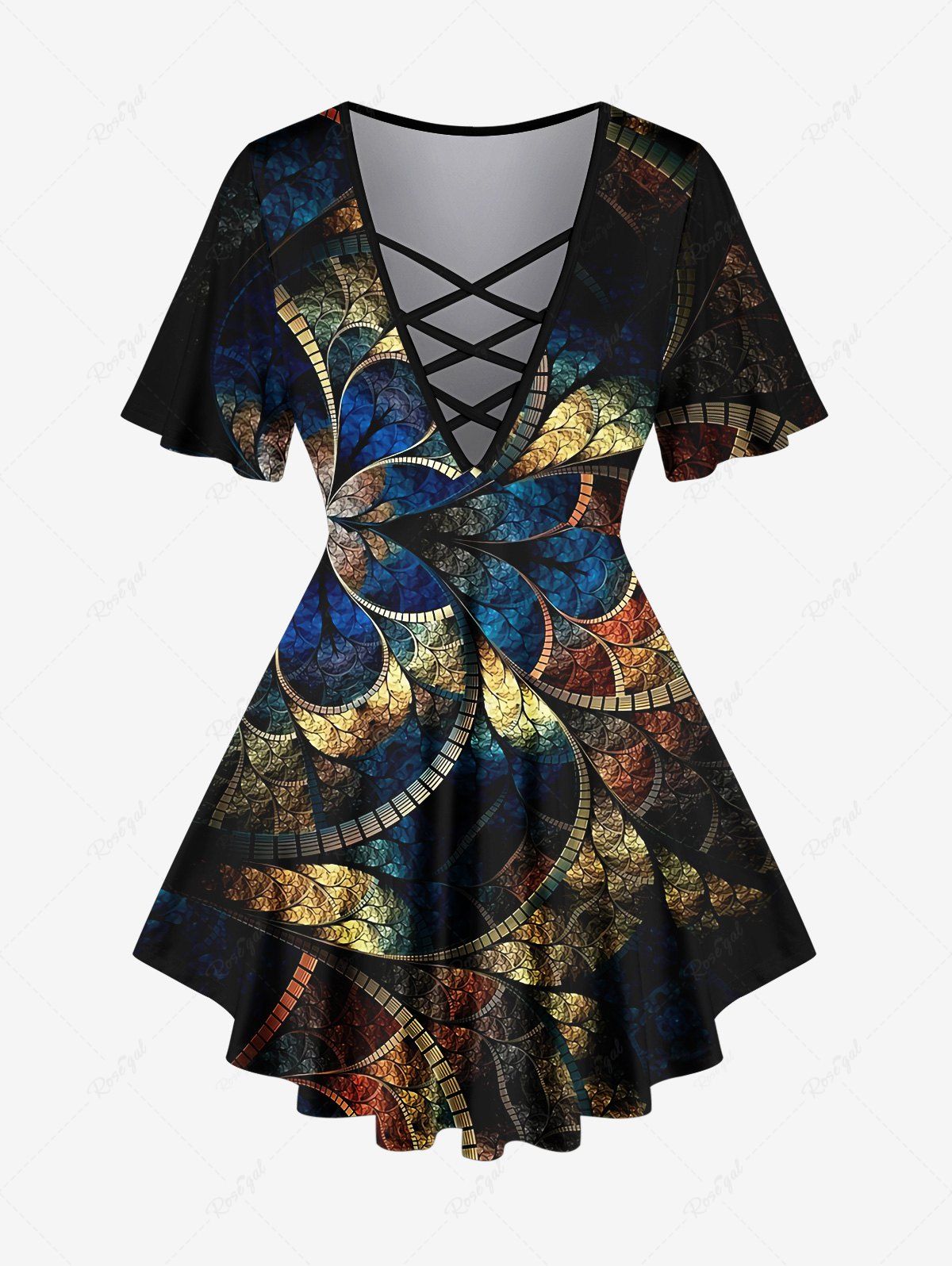 Shops Plus Size Industrial Style Floral Colorblock Sequin 3D Print Lattice Crisscross Flare Sleeve T-shirt  