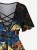 Plus Size Industrial Style Floral Colorblock Sequin 3D Print Lattice Crisscross Flare Sleeve T-shirt -  