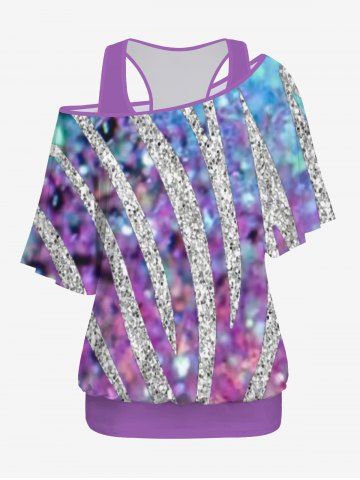 Plus Size Basic Solid Racerback Tank Top and Glitter Sparkling Sequins Ombre Print Skew Neck Batwing Sleeves T-shirt Set - PURPLE - XS