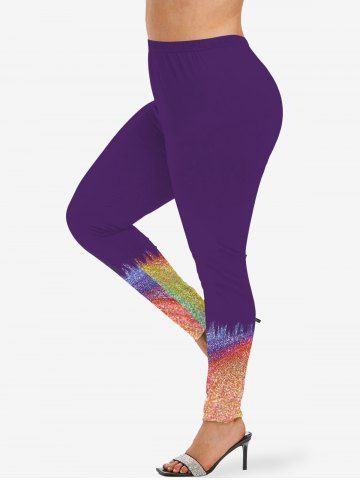 Plus Size Galaxy Colorblock Sparkling Sequin 3D Print Leggings - PURPLE - 2X