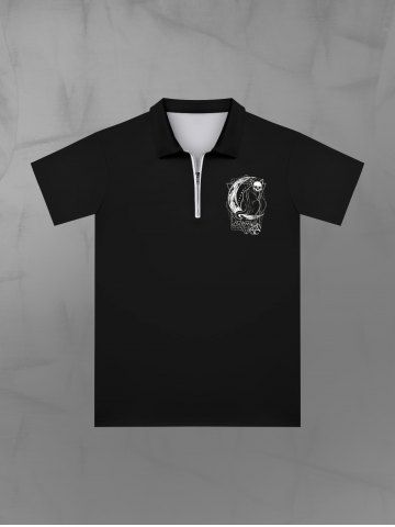 Chemise Plissée Rose Cœur Lune Etoiles et Chat Imprimés avec Zip pour Homme - BLACK - 5XL