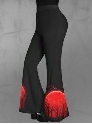 Pantalon Evasé Arbre et Chauve-souris Imprimés Style Gothique - Noir 5X