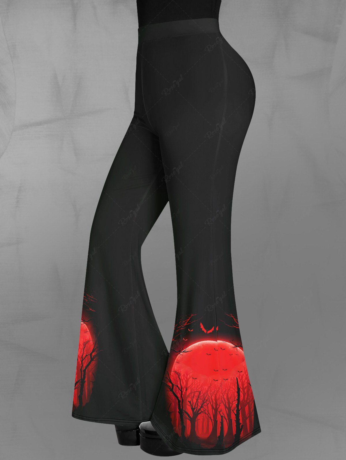 Pantalon Evasé Arbre et Chauve-souris Imprimés Style Gothique Noir 5X