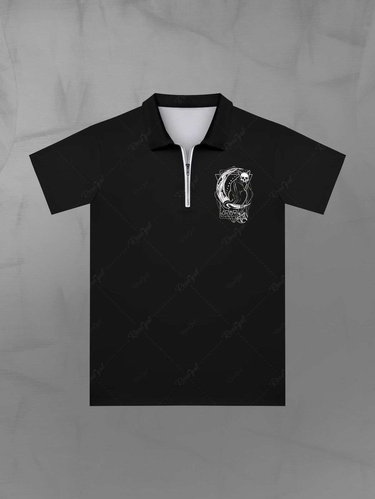 Chemise Plissée Rose Cœur Lune Etoiles et Chat Imprimés avec Zip pour Homme Noir M