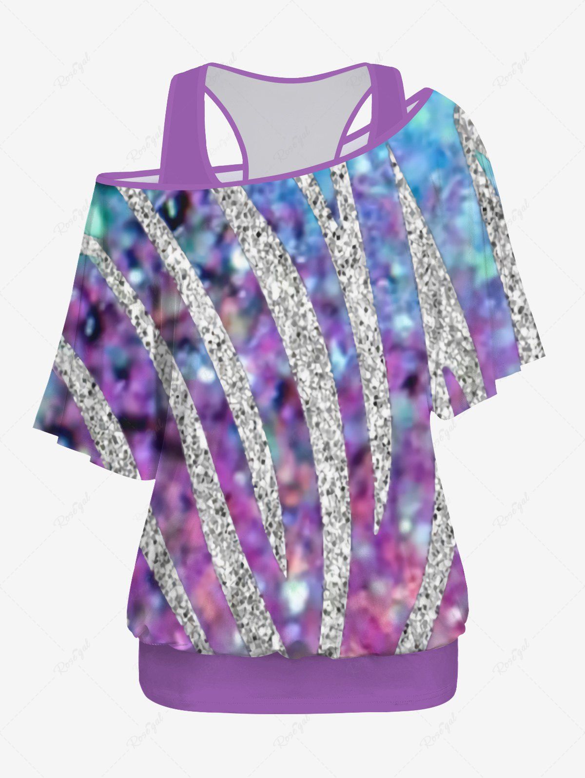 New Plus Size Basic Solid Racerback Tank Top and Glitter Sparkling Sequins Ombre Print Skew Neck Batwing Sleeves T-shirt Set  