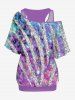 Plus Size Basic Solid Racerback Tank Top and Glitter Sparkling Sequins Ombre Print Skew Neck Batwing Sleeves T-shirt Set -  