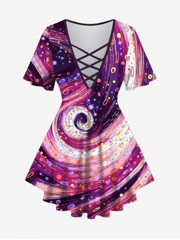 Plus Size Galaxy Swirls Colorblock Print Lattice Crisscross Flare Sleeve T-shirt - PURPLE - M