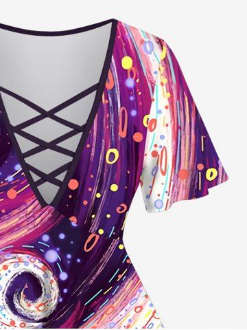 Plus Size Galaxy Swirls Colorblock Print Lattice Crisscross Flare Sleeve T-shirt