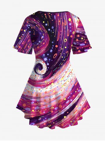 Plus Size Galaxy Swirls Colorblock Print Lattice Crisscross Flare Sleeve T-shirt