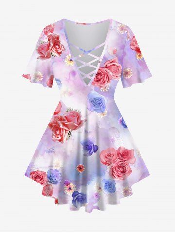 Plus Size Tie Dye Ombre Rose Flower Print Lattice T-shirt - LIGHT PURPLE - M