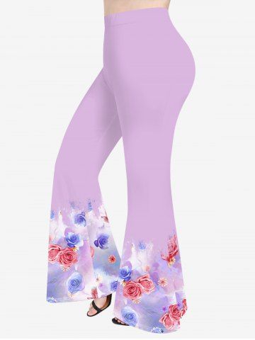 Plus Size Tie Dye Ombre Rose Flower Print Pull On Flare Pants - LIGHT PURPLE - 1X