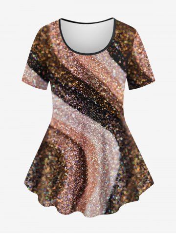 Plus Size Glitter Sparkling Sequins Striped Print T-shirt - COFFEE - XS
