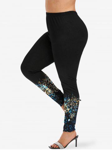 Plus Size Sparkling Sequin Glitter 3D Print Leggings - BLACK - 4X