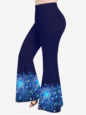 Plus Size Floral Waves Glitter 3D Print Flare Pants - DEEP BLUE - S