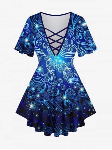 Plus Size Sea Waves Glitter 3D Print Lattice Crisscross Flare Sleeve T-shirt - DEEP BLUE - S