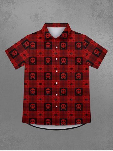 Gothic Skulls Skeleton Plaid Print Button Down Shirt For Men - RED - M