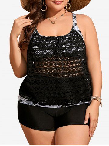 Plus Size Maple Leaf Print Hollow Out Lace Boyshort Tankini Swimsuit - BLACK - L