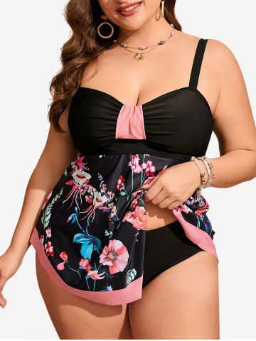 Plus Size Flowers Leaf Print Asymmetrical Ruched Tankini Swimsuit - LIGHT PINK - 1XL