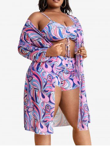 Plus Size Floral Paisley Print Cinched Cover Up Boyshorts 3 Pcs Tankini Swimsuit - PURPLE - L