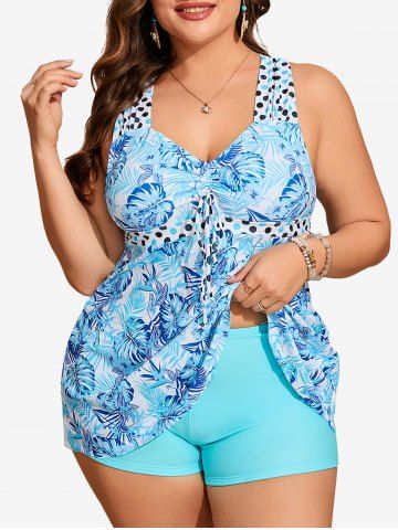 Hawaii Plus Size Leaf Polka Dot Print Cinched Crisscross Strap Boyshort Tankini Swimsuit - BLUE - 1XL