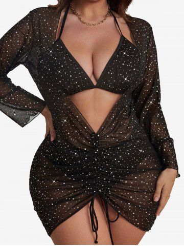 Plus Size Sparkling Sequin Ruched Halter Tie Bikini Set With Cinched Sheer Mesh Cover Up - BLACK - L