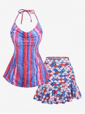Plus Size Halter American Flag Star Stripes Mermaid Print Ruched Ruffles Skirted Tankini Swimsuit - MULTI-A - M | US 10