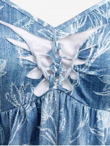 Plus Size Cold Shoulder Ripped Braided Floral Printed Heart Buckle Grommet Ombre Asymmetric Handkerchief Top