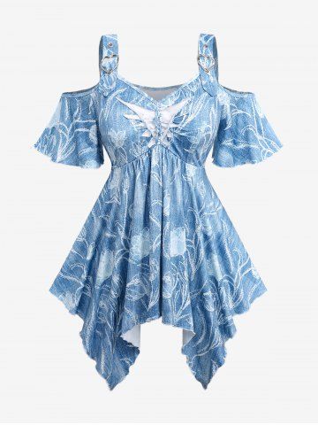 Plus Size Cold Shoulder Ripped Braided Floral Printed Heart Buckle Grommet Ombre Asymmetric Handkerchief Top - BLUE - 1X | US 14-16