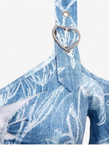 Plus Size Cold Shoulder Ripped Braided Floral Printed Heart Buckle Grommet Ombre Asymmetric Handkerchief Top