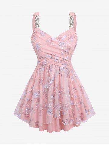 Plus Size Flower Print Embroidery Mesh Ruched Chains Surplice Ribbed Textured Tank Top